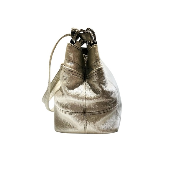Tignanello Metallic Gold Silver Pebbled Leather shoulder Bag Brown Chain Fabric - Picture 5 of 14